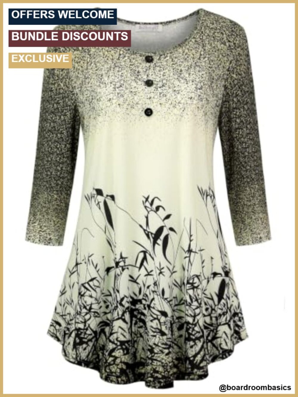 Womens 3/4 Sleeve Round Neck Tunic A-Line Casual Blouse